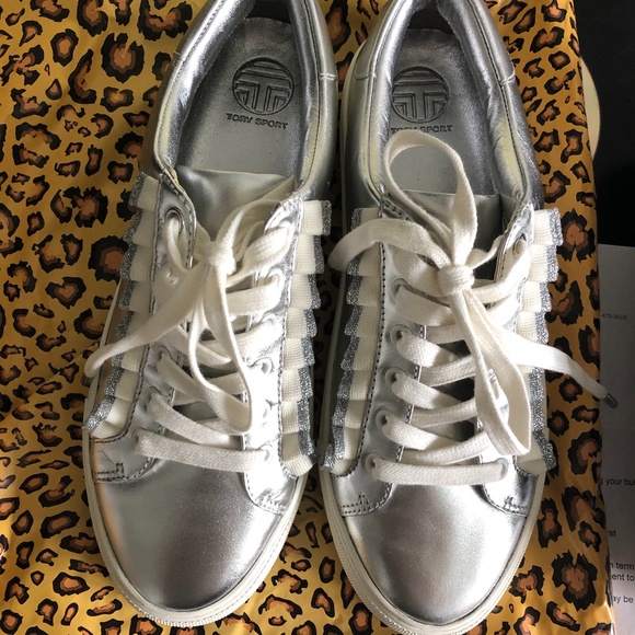 tory burch ruffle sneaker silver